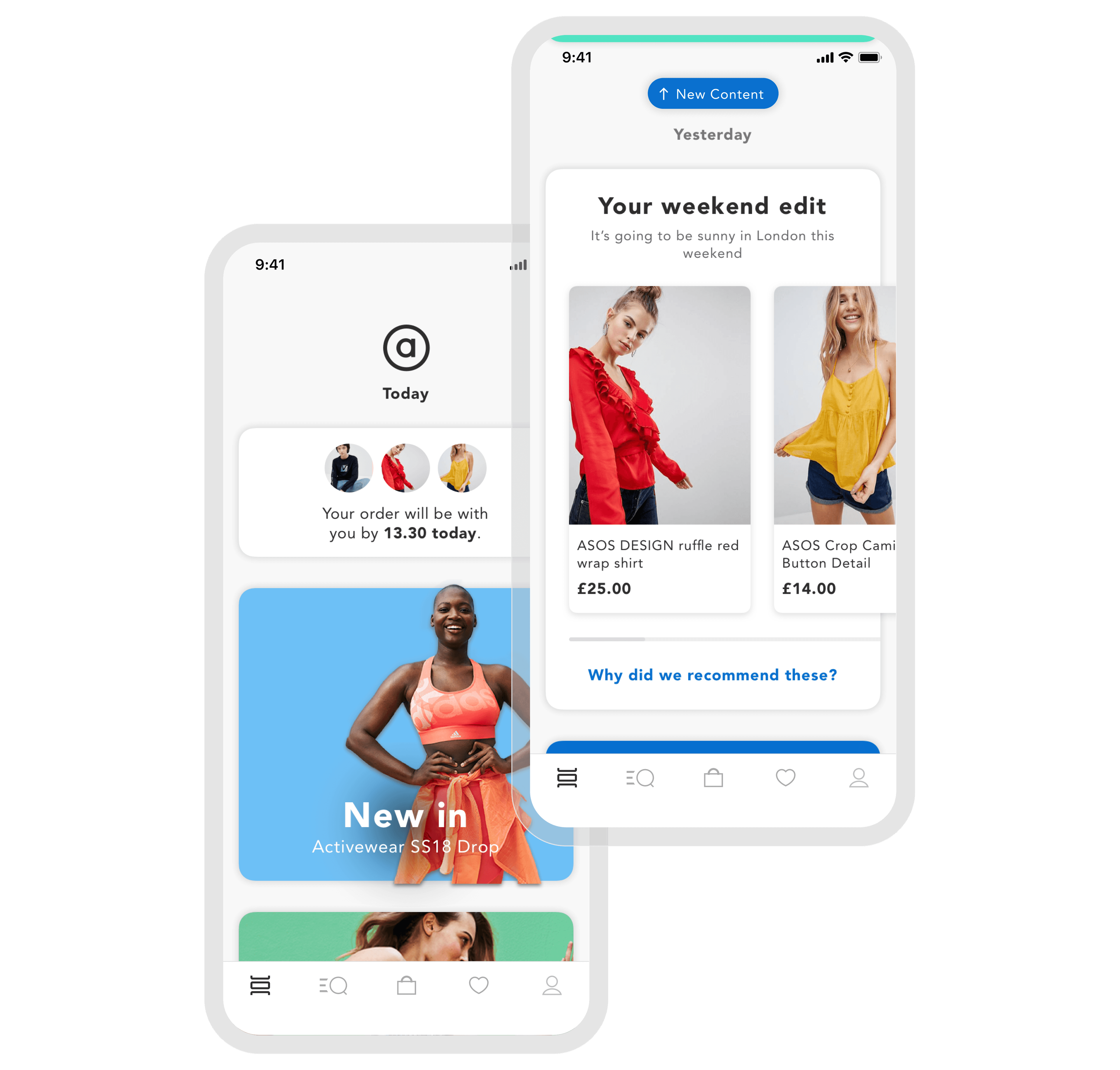 Two smart phones showing a personalised ASOS home screen. Showing an order delivery section, a featured clothing collection and a personalised clothing collection.
